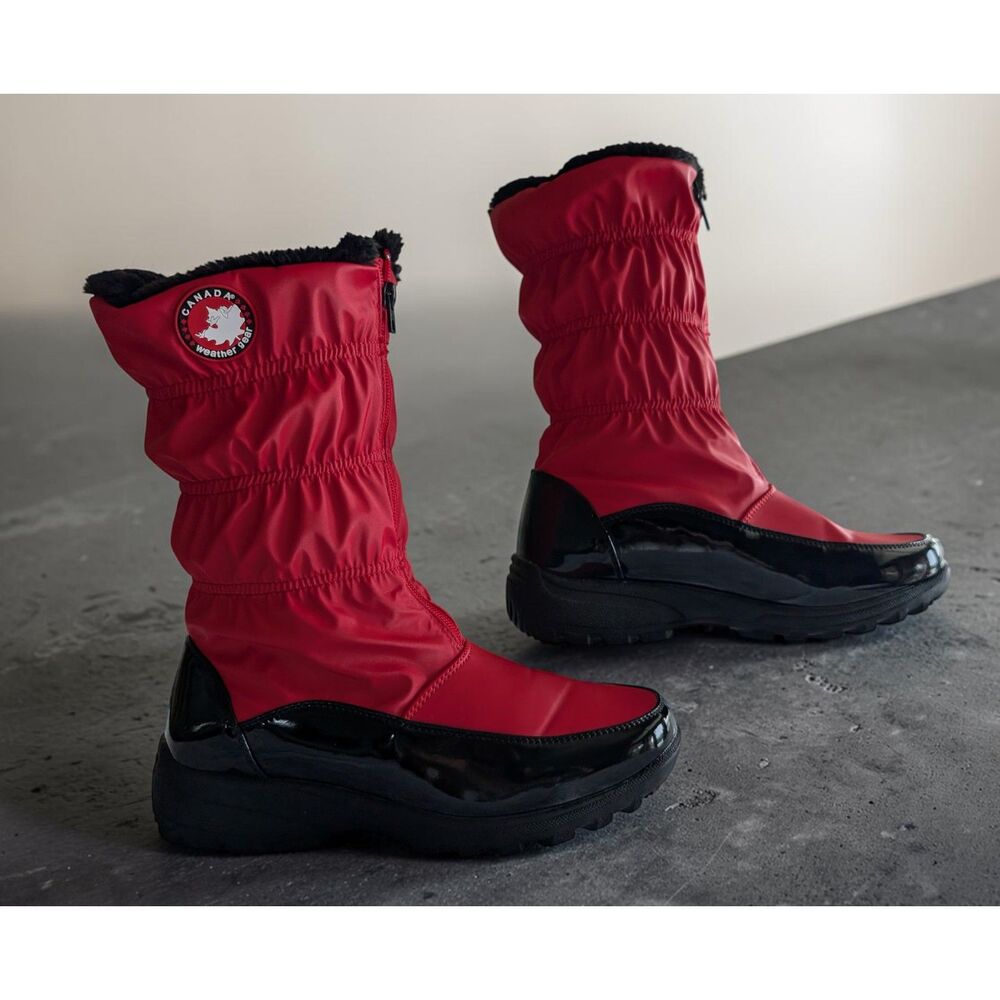 Canada Weather Gear Winter Snow Boots Red Black Faux Fur Lined Size 10